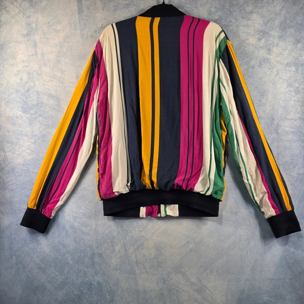 Zara Mens Vertical Stripe Bomber Jacket Navy Blue Magenta Yellow Size M Zip Up